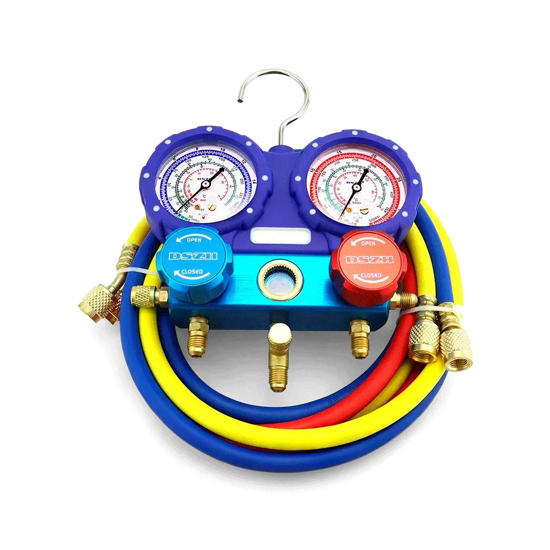 Manifold WK-C6002B con 3 mangueras de 150cm (R22/R404A/R407C/R410A) – emp. simple