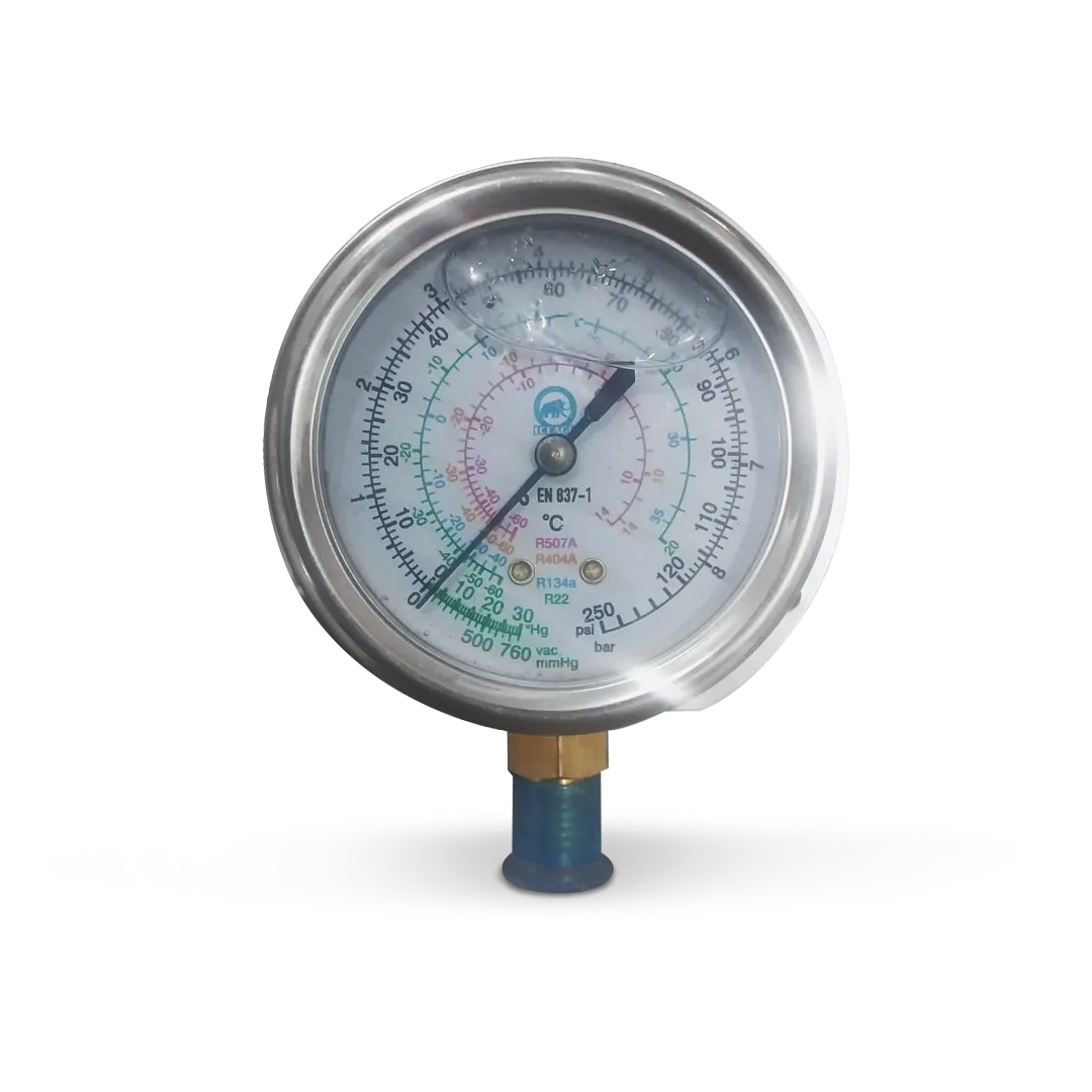 Manómetro C/Glicerina de Baja 0 – 120PSI conex. inf. 1/4″ SAE/68mm – R22-134A-404A-507A con flange