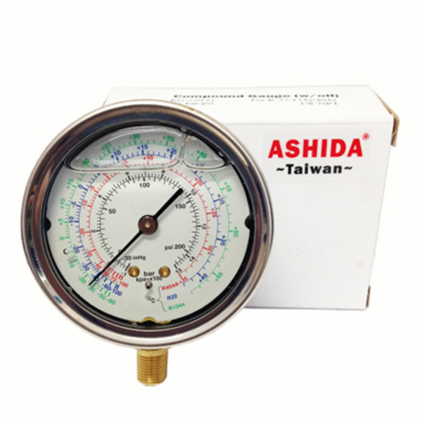 MANÓMETRO DE GLICERINA DE BAJA RG-250/PSI-R22-134A-410A-1/8″NTP ASHIDA
