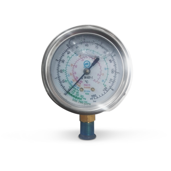 Manómetro C/Glicerina de Baja 0 – 120PSI conex. inf. 1/4″ SAE/68mm – R22-134A-404A-507A con flange